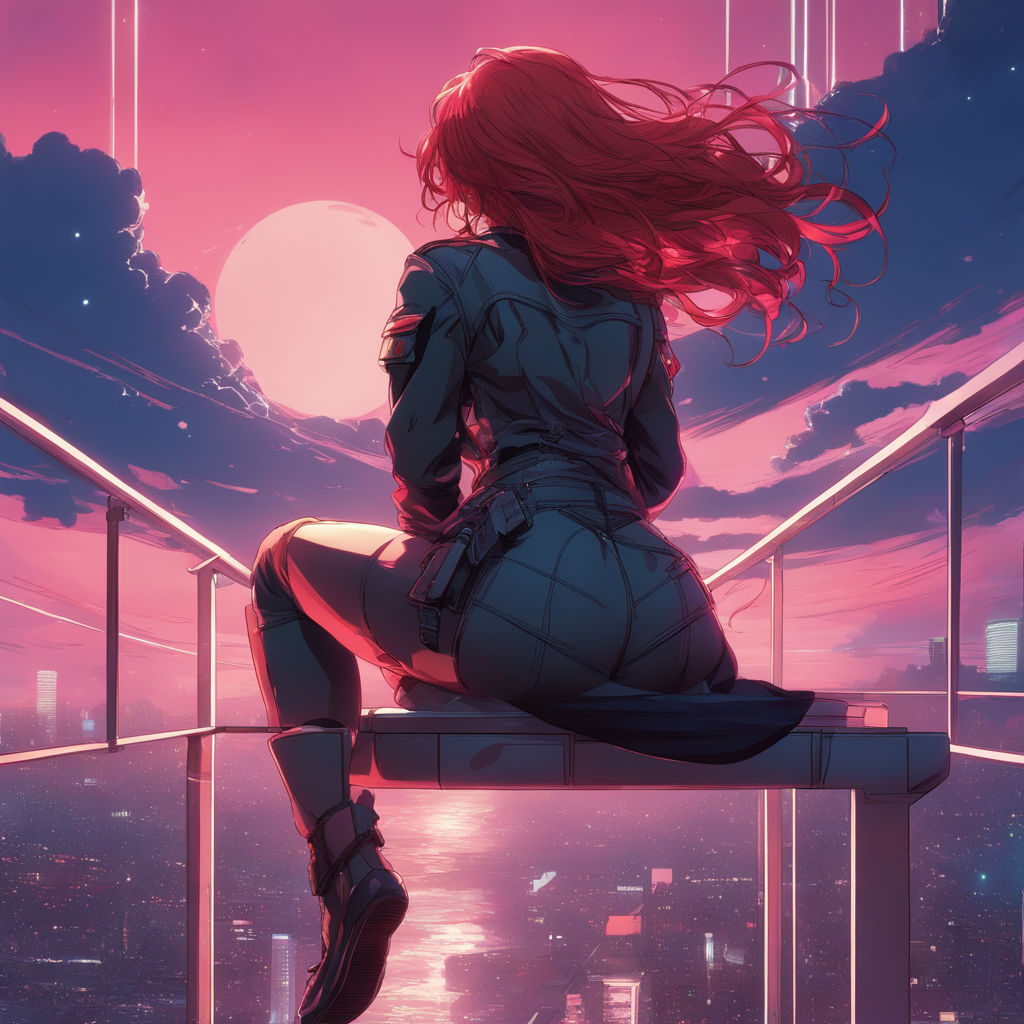 Red Hair Anime Girl sitting on skys - OpenDream