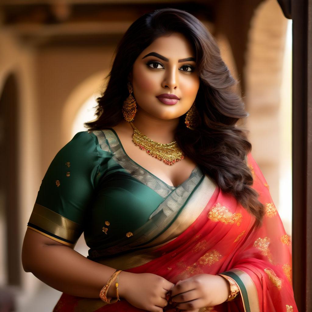 Design help for plus size modern well endowed tall Bengali woman with plump  lips and heavy makeup wearing deep cut bikini halter sleeveless blouse with  bra like fitting and low tied red