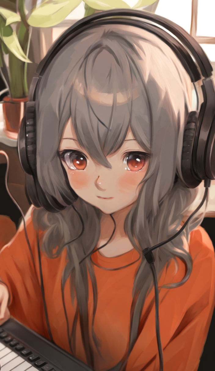 brown haired anime girl with headphones