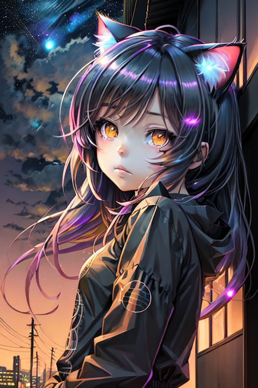 Anime girl with long dark blue hair and purple eyes and black wings wearing  all black