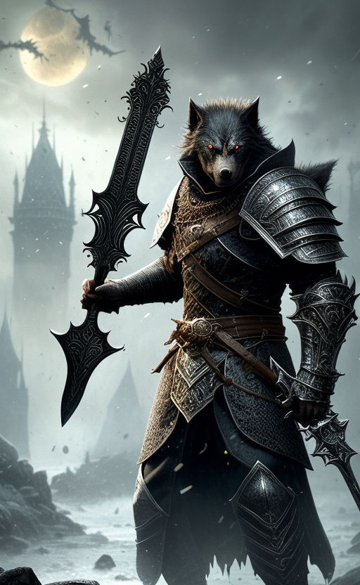 A huge werewolf noble lord wielding a straight edged black greatsword.  Dark-Souls. Fantasy art - Playground