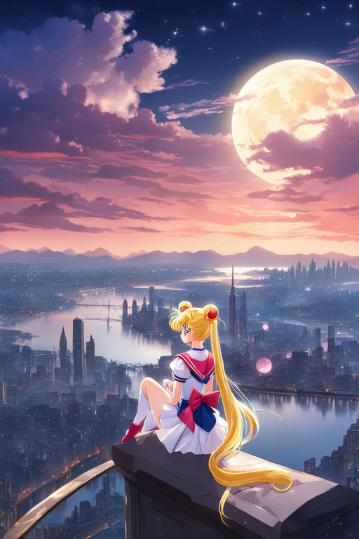 Sailor moon as sailor cosmos with long white hair, a white dress, and a  huge majestic staff, high quality