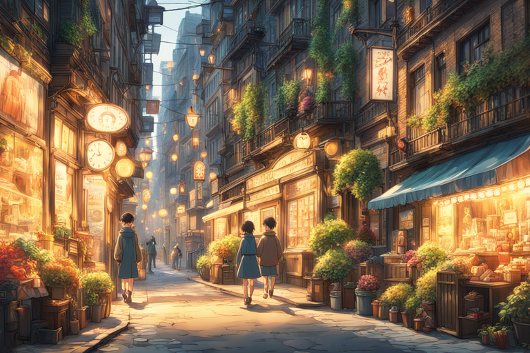 Anime scene in the city where many people are walking, a bustling magical  town, in steampunk cityscape, a steampunk city, The resonance of the art of  the Tower of Fortune - SeaArt
