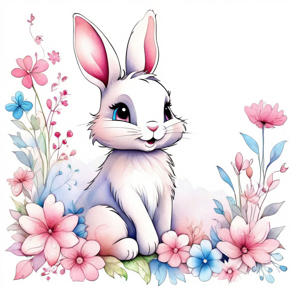 Cartoon Fluffy Baby Bunny Girl With Big Eyes And A Pink Flower, Cartoon  Illustration Stock Photo, Picture and Royalty Free Image. Image 191978591.