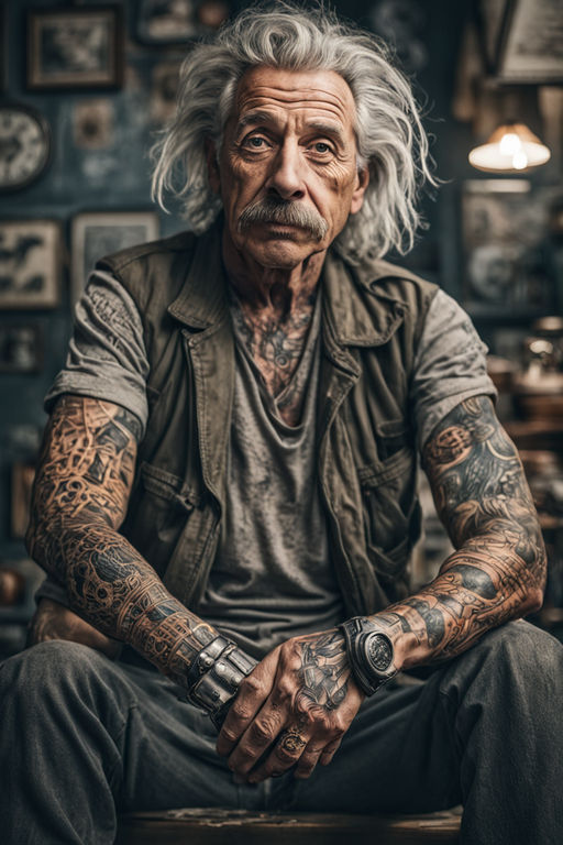 Studio waist up Portrait of an Old tattooed caucasian lady posing in  sleeveless t-shit looking at the camera on black background. Generative AI  Stock Illustration | Adobe Stock