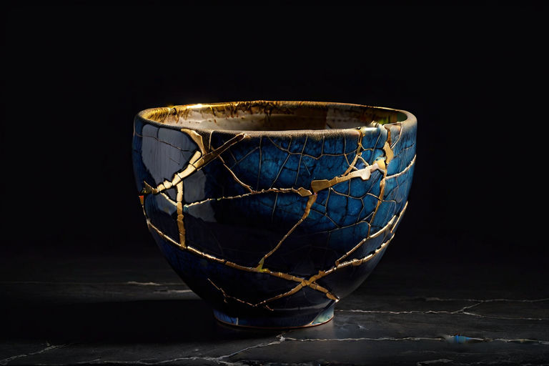 Premium AI Image  Shining Resurgence Kintsugi Pottery with Gold