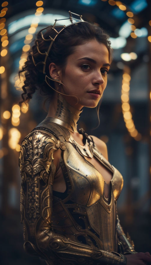 A beautiful woman dressed in ornate brass armor, full body