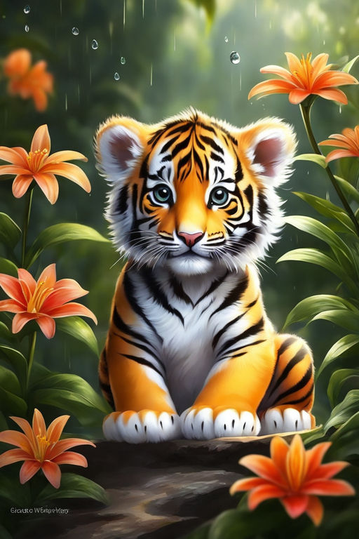 A lovable character of a fluffy cute baby tiger with four legs pastel light  grey color