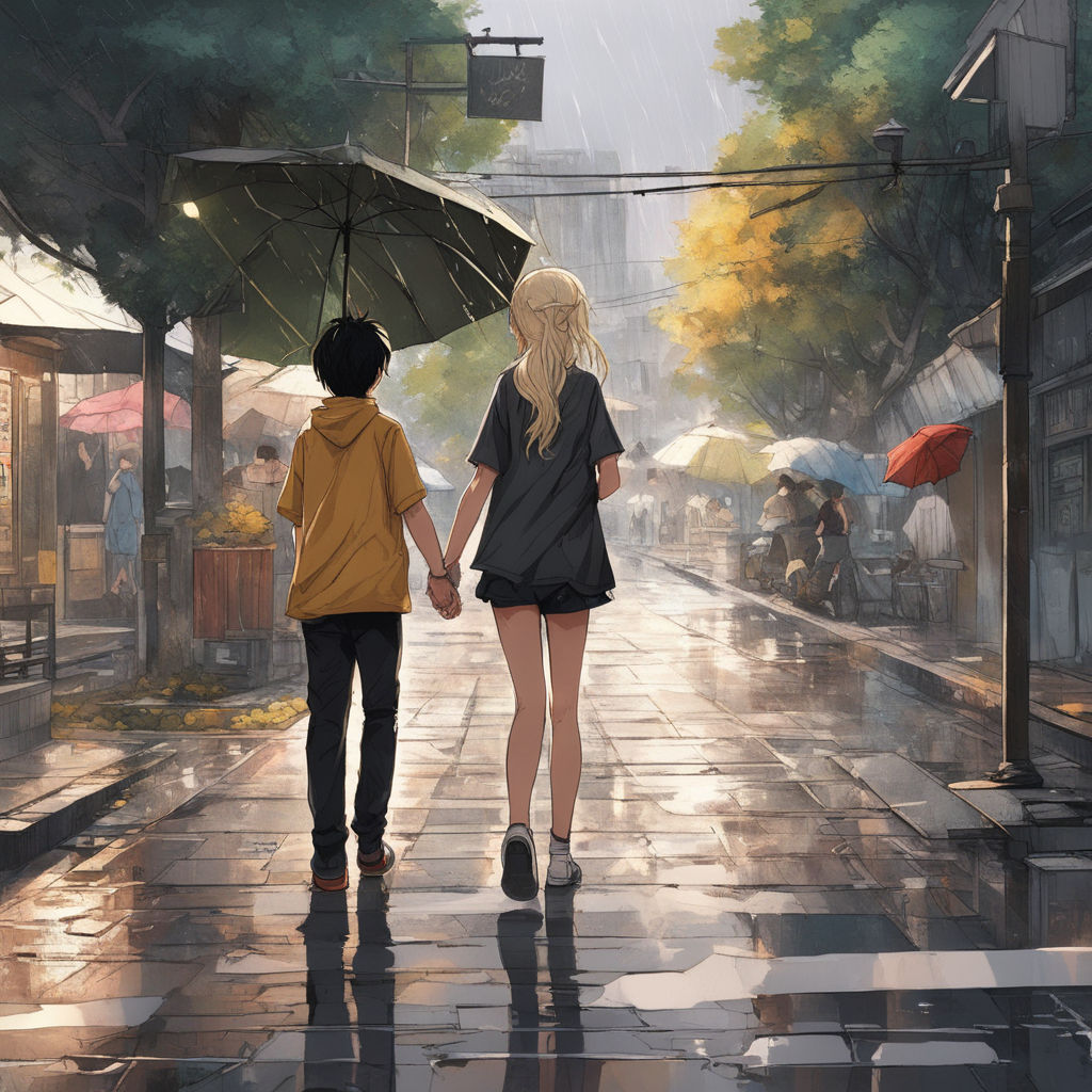 anime couple holding hands and walking