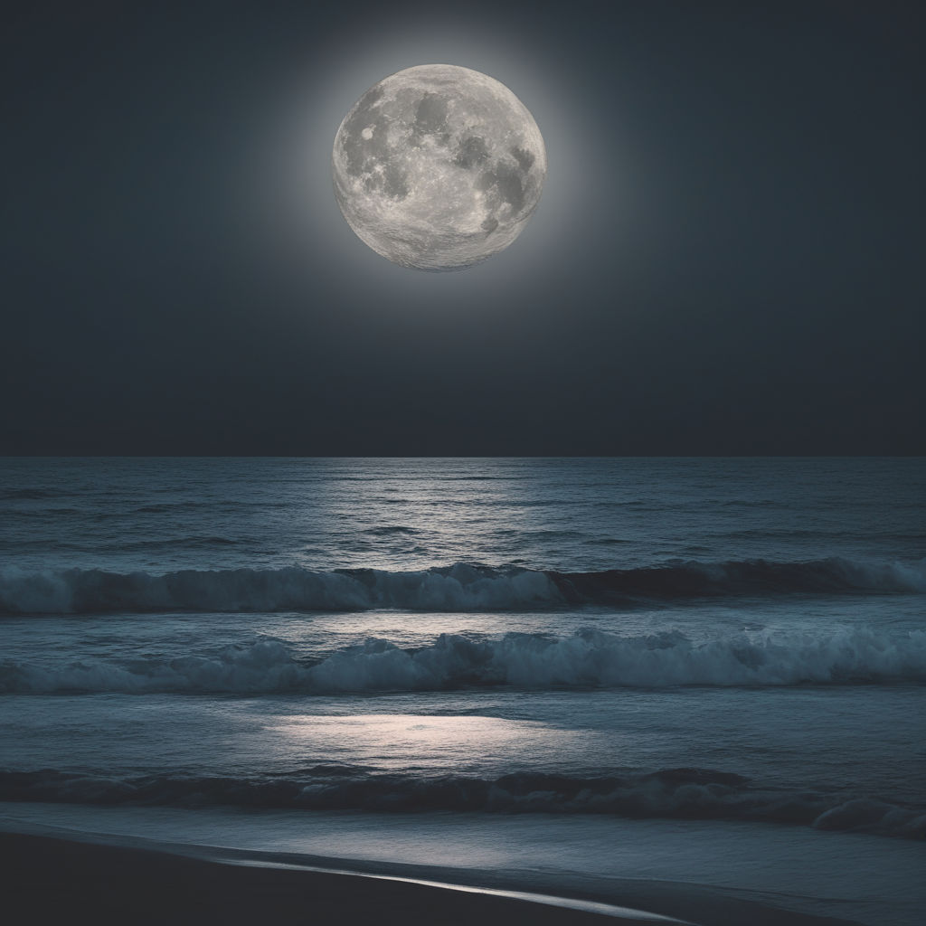 Prompt: Full moon over the ocean  at night 