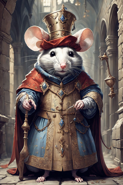 Medieval painting, realistic grey rat wearing a crown