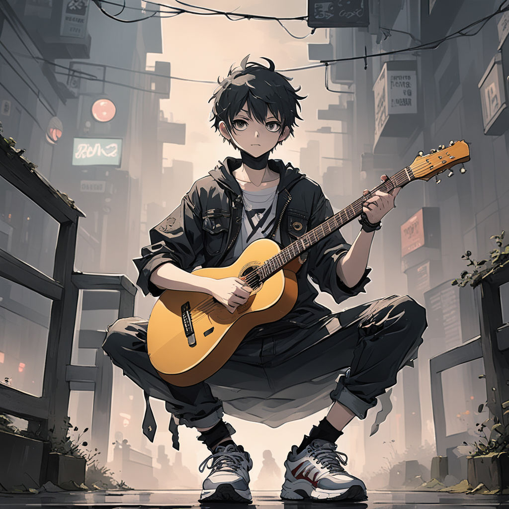 cool anime boy with guitar