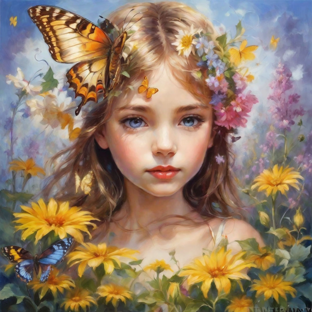 Impression, tableau et poster de bambino, blu, butterfly, child, children,  enfant, papillon, pittura, pittura digitale, ragazza - butterfly girl