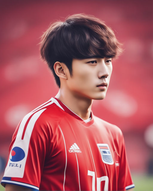 korean guy wear in red soccer jersey - Playground AI