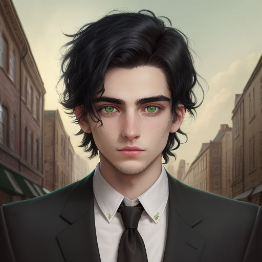 Young man, green eyes, black hair, short hair, in the anime style