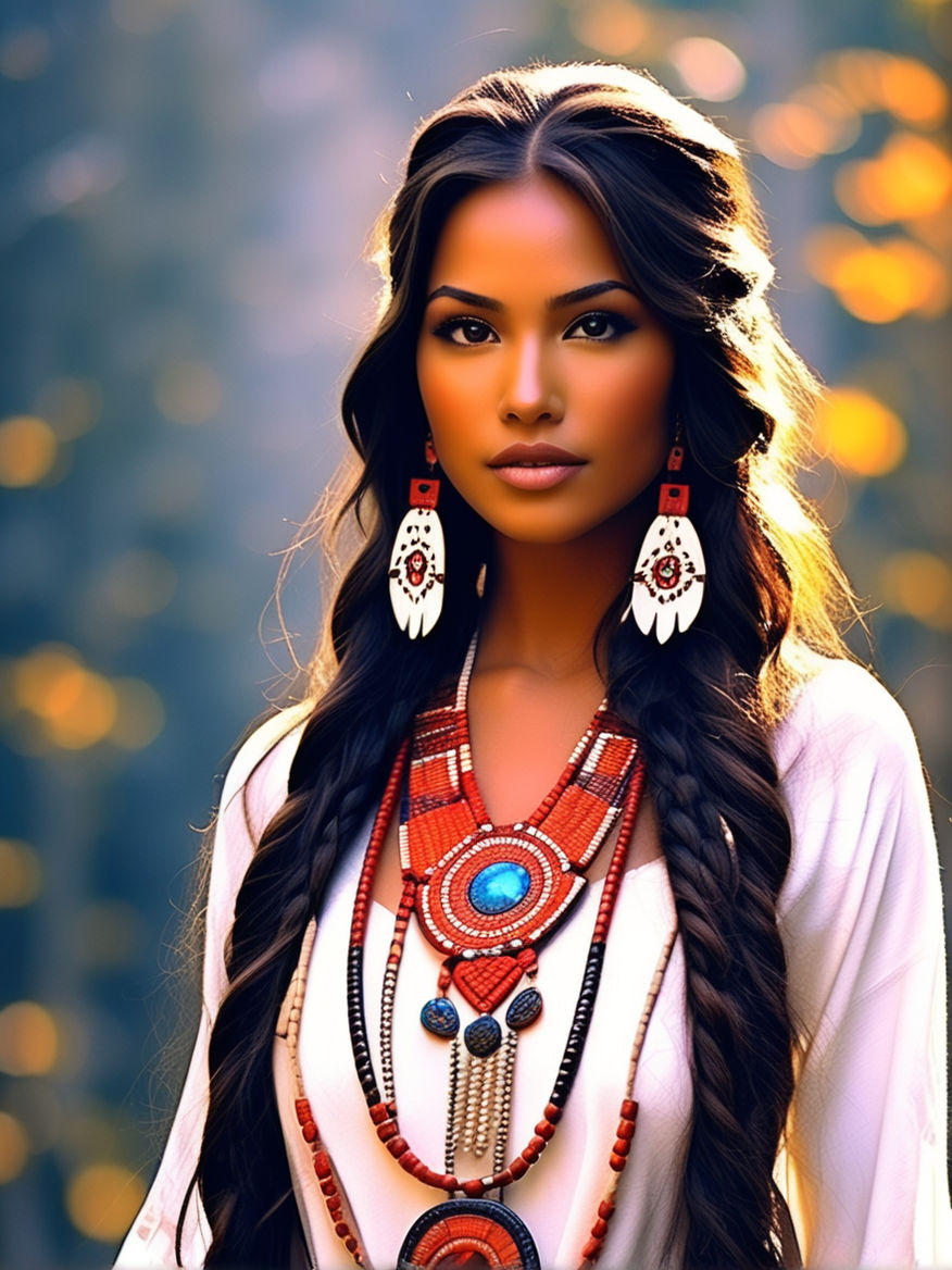 Photorealistic outdoor portrait of an slender young adult olive pawnee  woman, with black braids in an american native outfit, detailed, symetric  eyes, pupils and eye direction on Craiyon