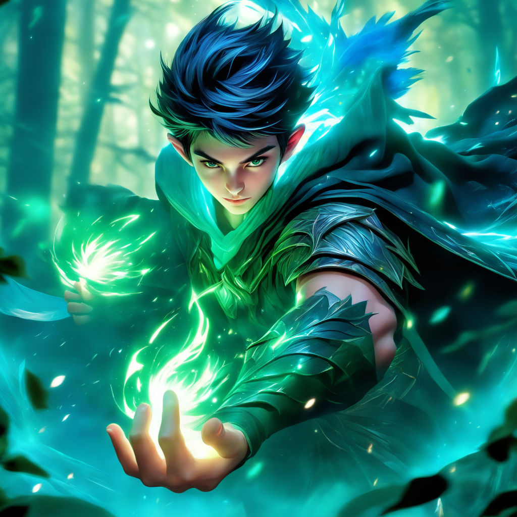 jojo reference art of a young elf wizard in a magical forest