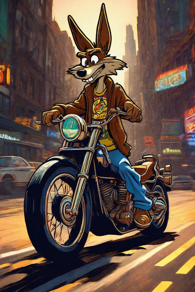 Wile E. Coyote wearing a route 66 t-shirt on a motorbike - Playground