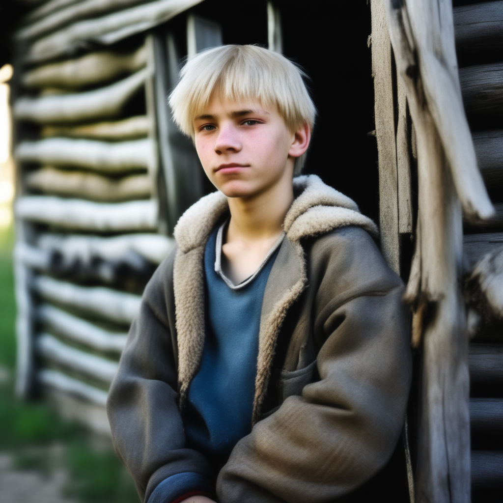 Blonde hair 12YO caucasian teenager boy Fashion portrait dressed