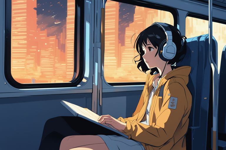 Lofi Girl on Train - Serene HD Anime Wallpaper