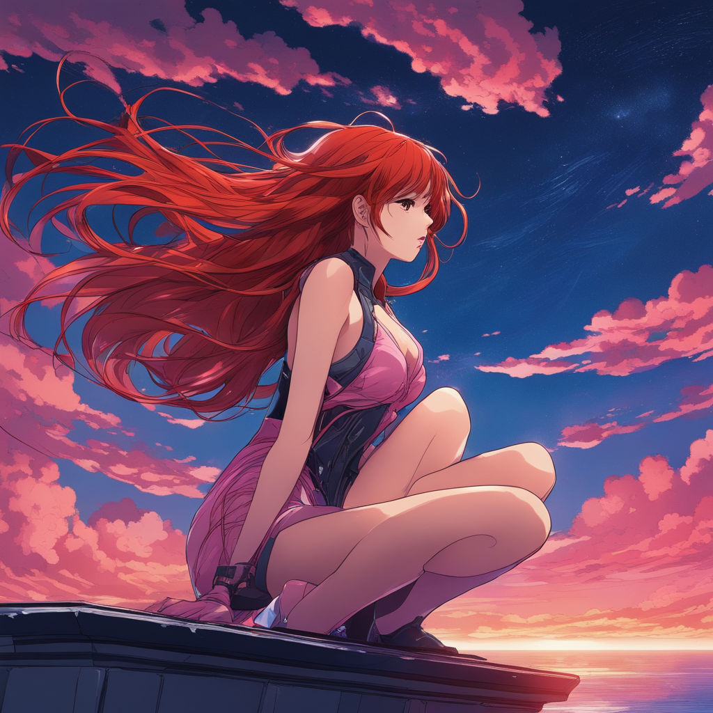 Red Hair Anime Girl sitting on skys - OpenDream