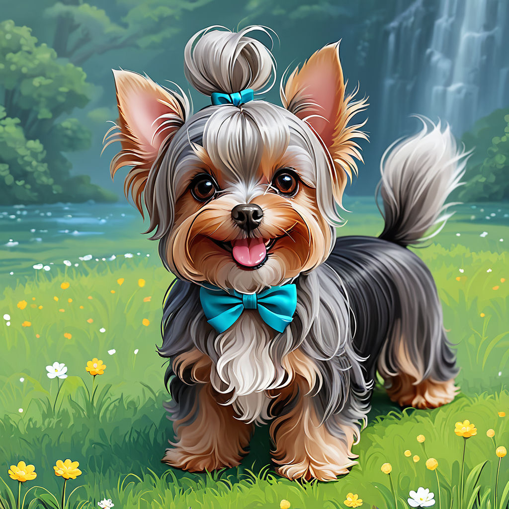 Prompt: cheerful smiling cute dog Yorkshire Terrier grey with a small bow