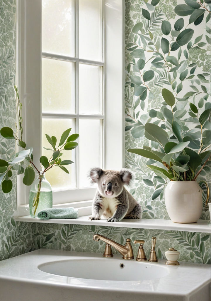 A koala perched on the edge of a porcelain sink inside a bathroom