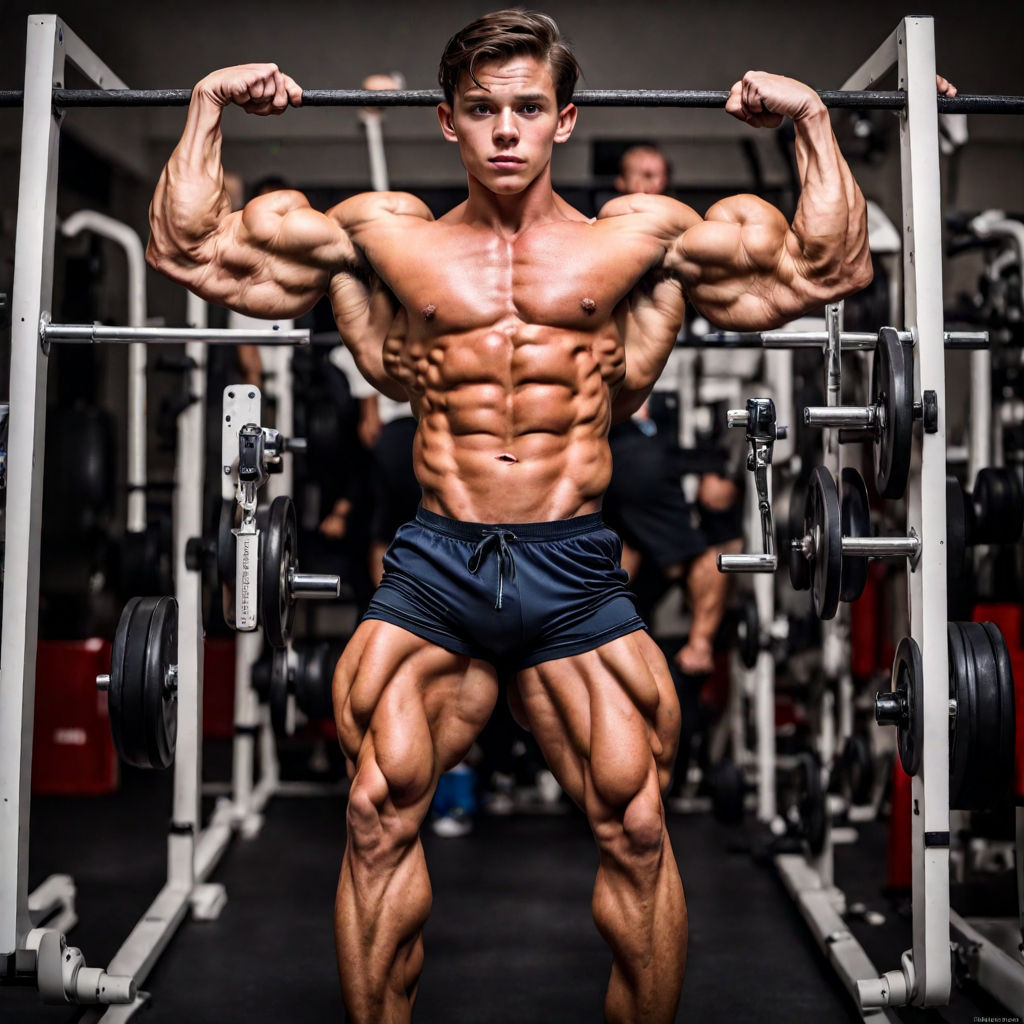 Fitness Model Displaying Biceps and Pectorals With Stretched Out