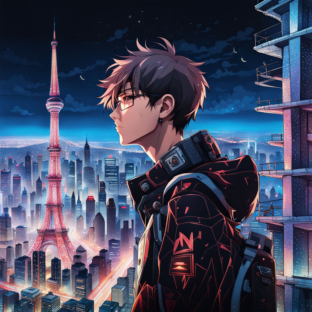 Anime cyberpunk male with pink hair and glasses standing in city