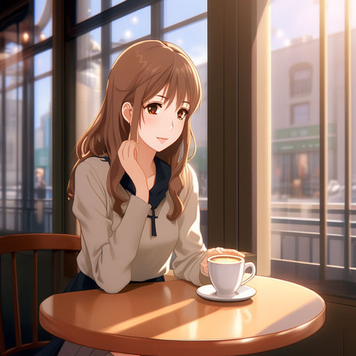 weak-caribou574: Girl in anime style, seen from the back, drinking coffee  in the a cozy coffee shop.