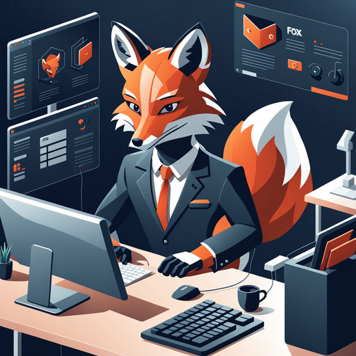 A 4K ultra hd wallpaper of a fox dressed in a computer programmer's outfit,  sitting at a desk with multiple screens and coding with expertise,  portraying a tech-savvy software developer