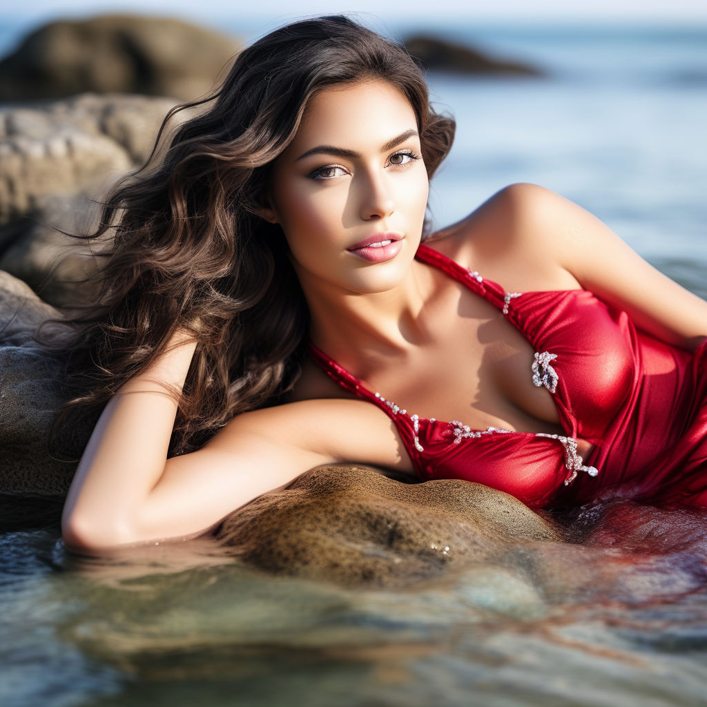 An extremely gorgeous Greek woman aged 36 in the sea with a red bathing  costume enhancing her beautiful cleavage and her hips - Playground