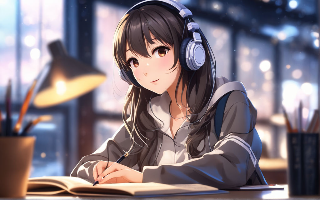 anime girl listening to music with brown hair