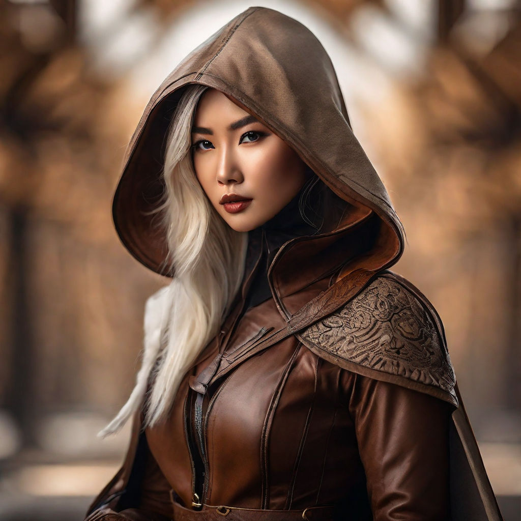 hooded Mongolian woman wearing leather quilted Vest