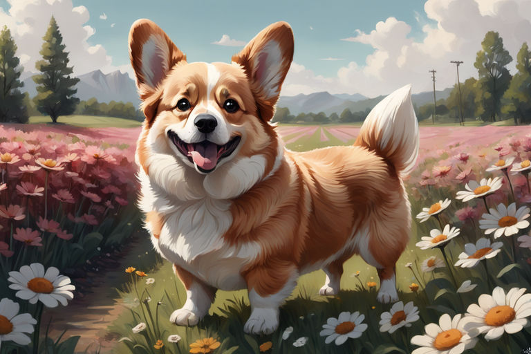 Concept art 2d corgi resting on a flower field, large game wallpaper,  farmville style, high quality on Craiyon