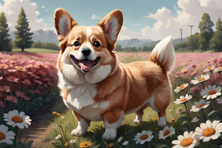 Concept art 2d corgi resting in a garden of the castle, large game  wallpaper, it takes two style, high quality