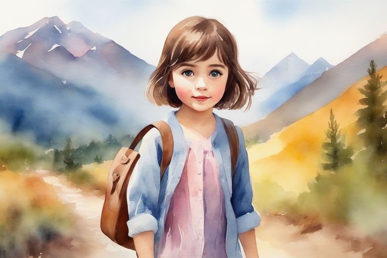 Beautiful Girl 10 Years Old in Watercolor Digital Painting