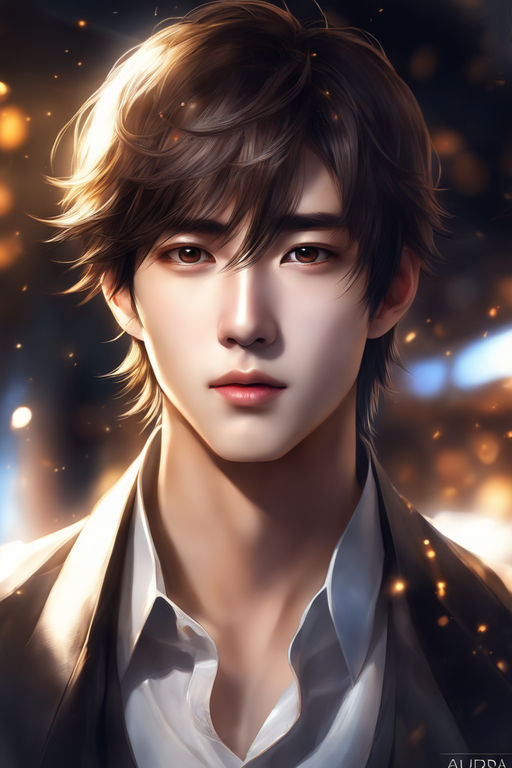 Create an anime portrait of a young man who is very muscular, handsome,  with skin as white as snow, short black hair, and dressed in a black -  AI Generated Artwork 