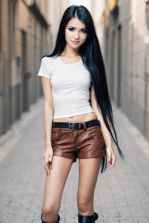 Foto de Skinny girl with black straight hair is posing in the