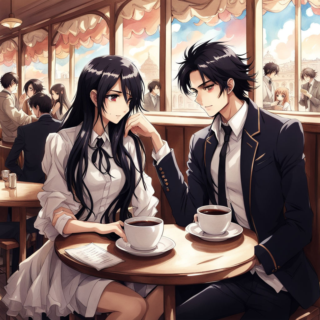 Anime, couple, black dress, handsome, gorgeous