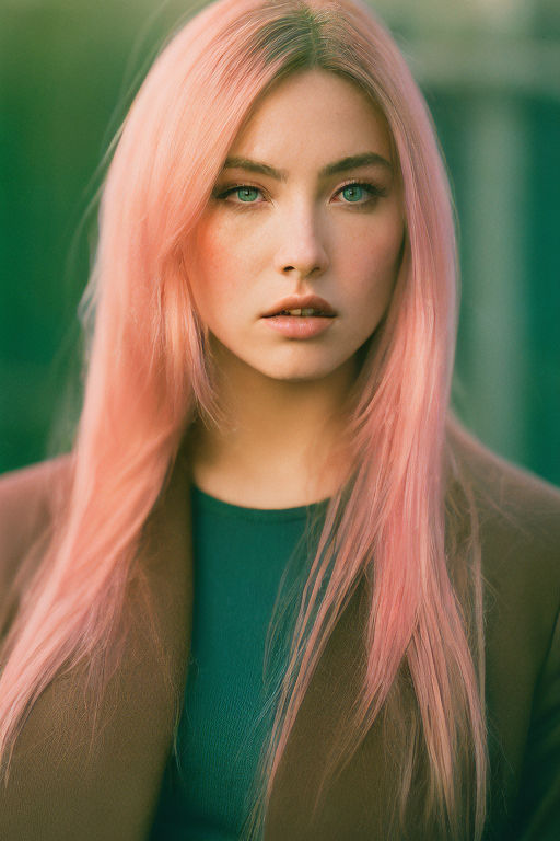 KREA - Portrait of cyberpunk woman, blue lipstick, fluorescent pink face  paint, bright green hair, metallic cyan bodysuit
