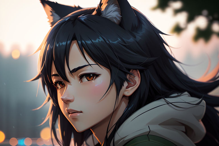 n: Wolf cute anime girl with black hair, dark blue eyes