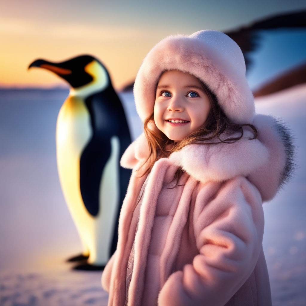 Realistic cute penguin couple on snowy rocky beach. The sky is