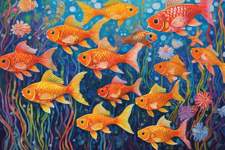 Goldfish Art Collage Freshwater Fish Aquarium Koi Pond Tropical Paradise  Painting, Wall Art Hidden Image Eye Spy 