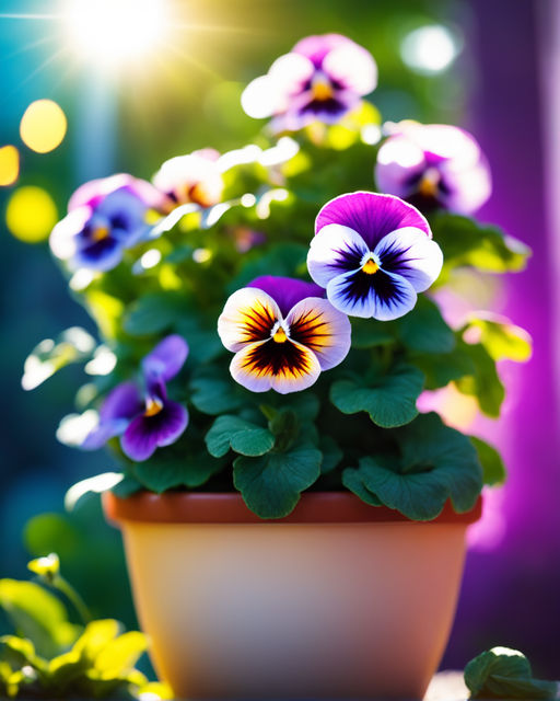 Blue pansy flowers blossom on green leaves blurred bokeh