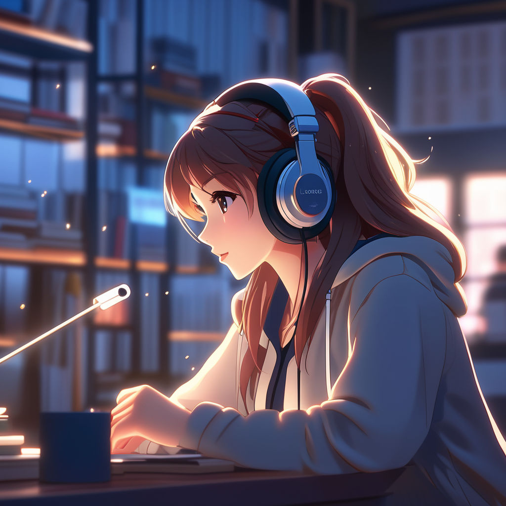 anime girl listening music pink lace - AI Photo Generator - starryai