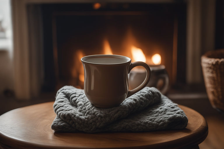 Mug With Hot Tea Standing On A Chair With Woolen Blanket In A Cozy