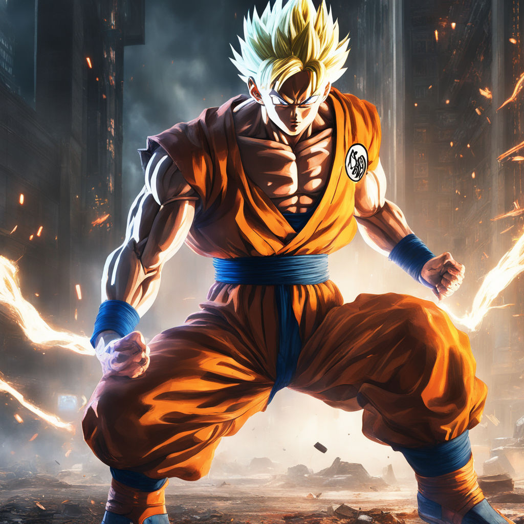 KREA - ''goku super saiyan 5, epic poster, storm in the background, rain,  cinematic shot, digital art, concept art, artstation, cinematographic, 4 k