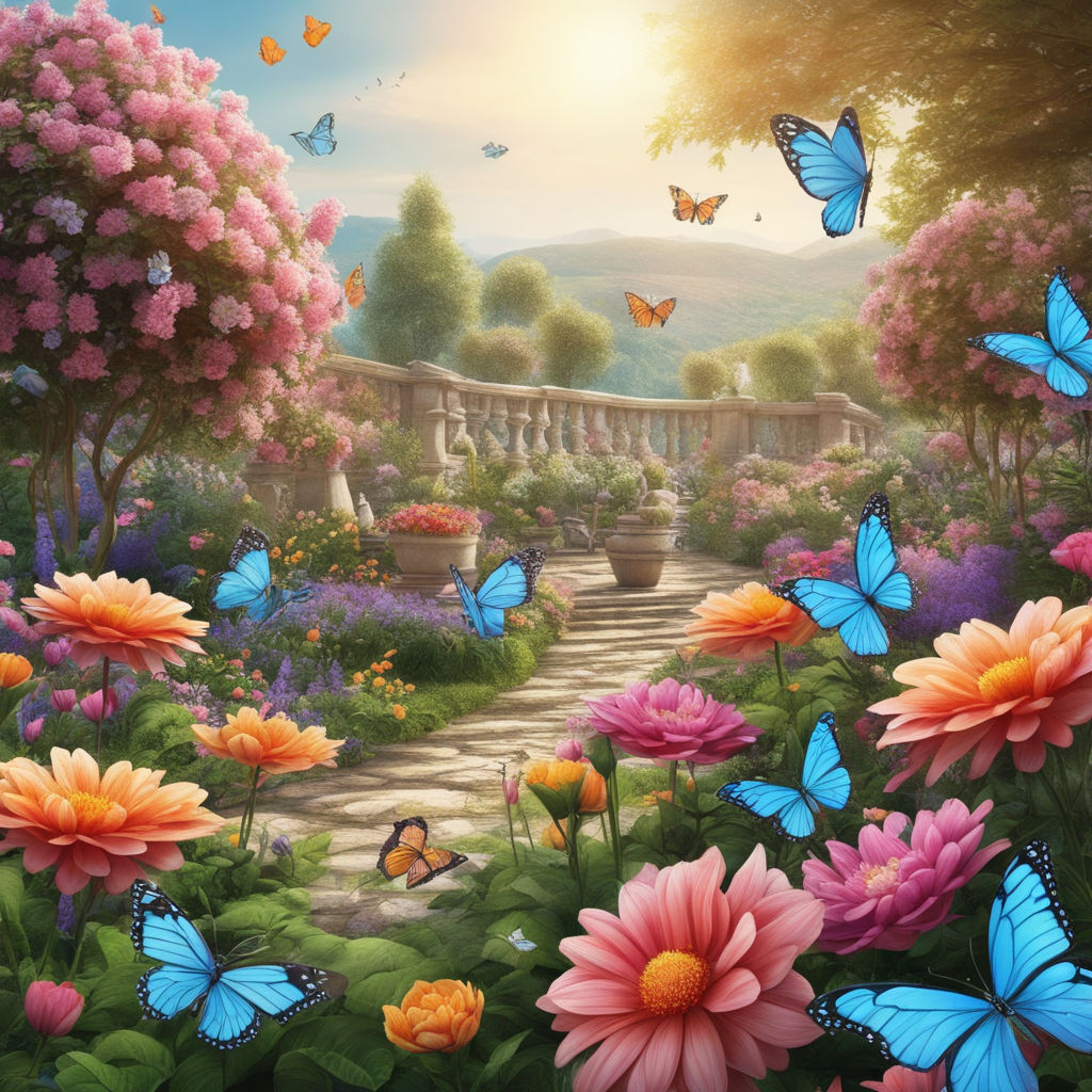 bright flowers and butterflies