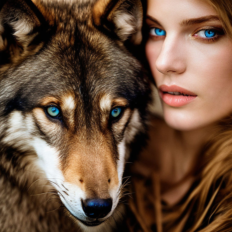 beautiful brown wolf with blue eyes